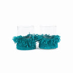 Photophore en verre turquoise à franges textile