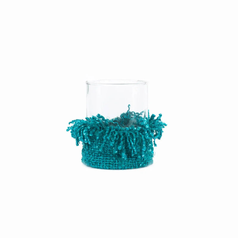 Photophore en verre turquoise à franges textile