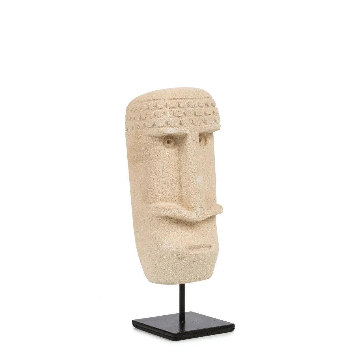 Sculpture abstraite en grès beige avec tête texturée sur support noir