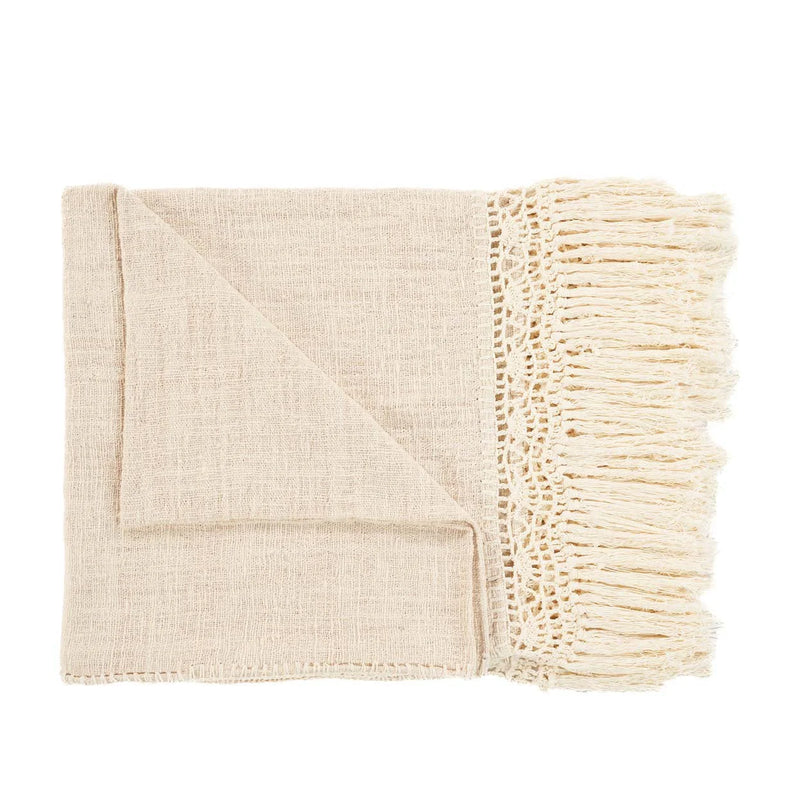 Plaid en coton beige bordure macramé à franges – 135x270 cm