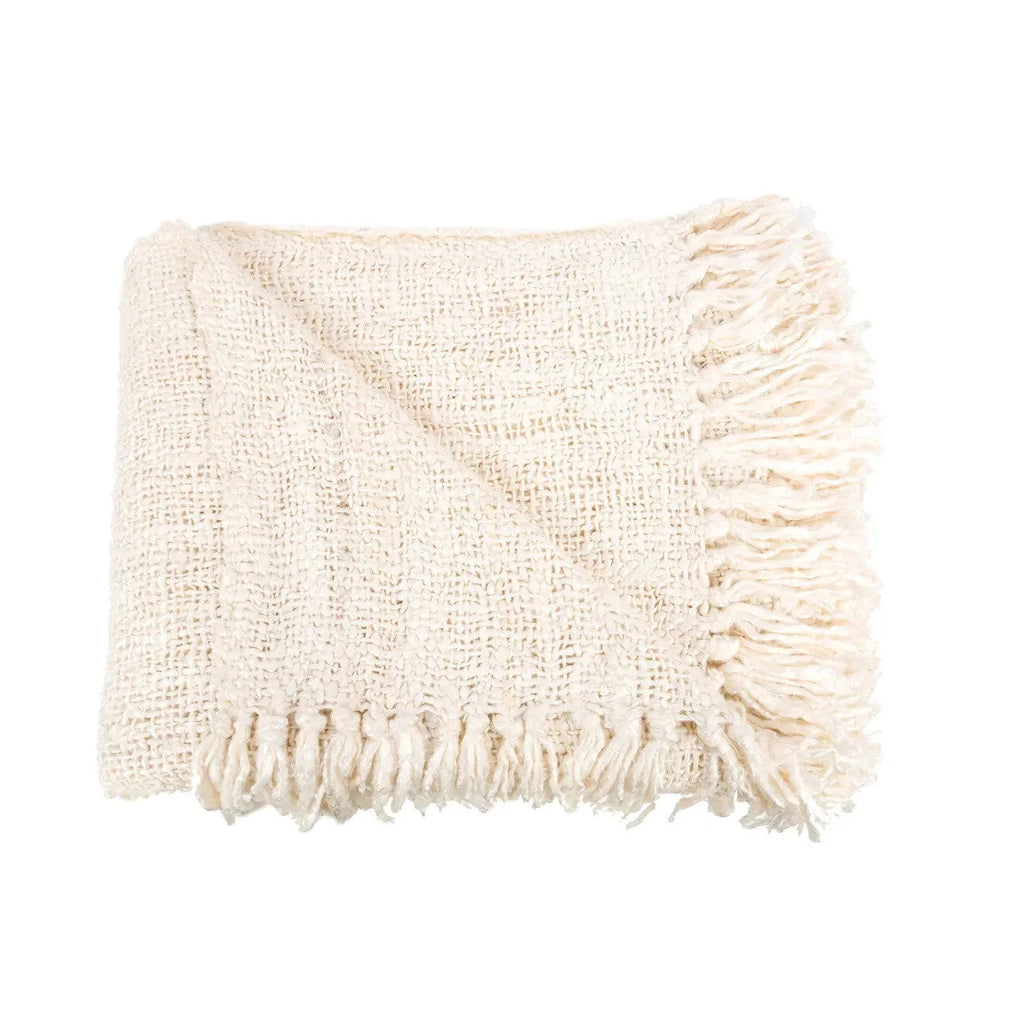 Plaid en coton gaufré crème avec franges décoratives, 170x130 cm