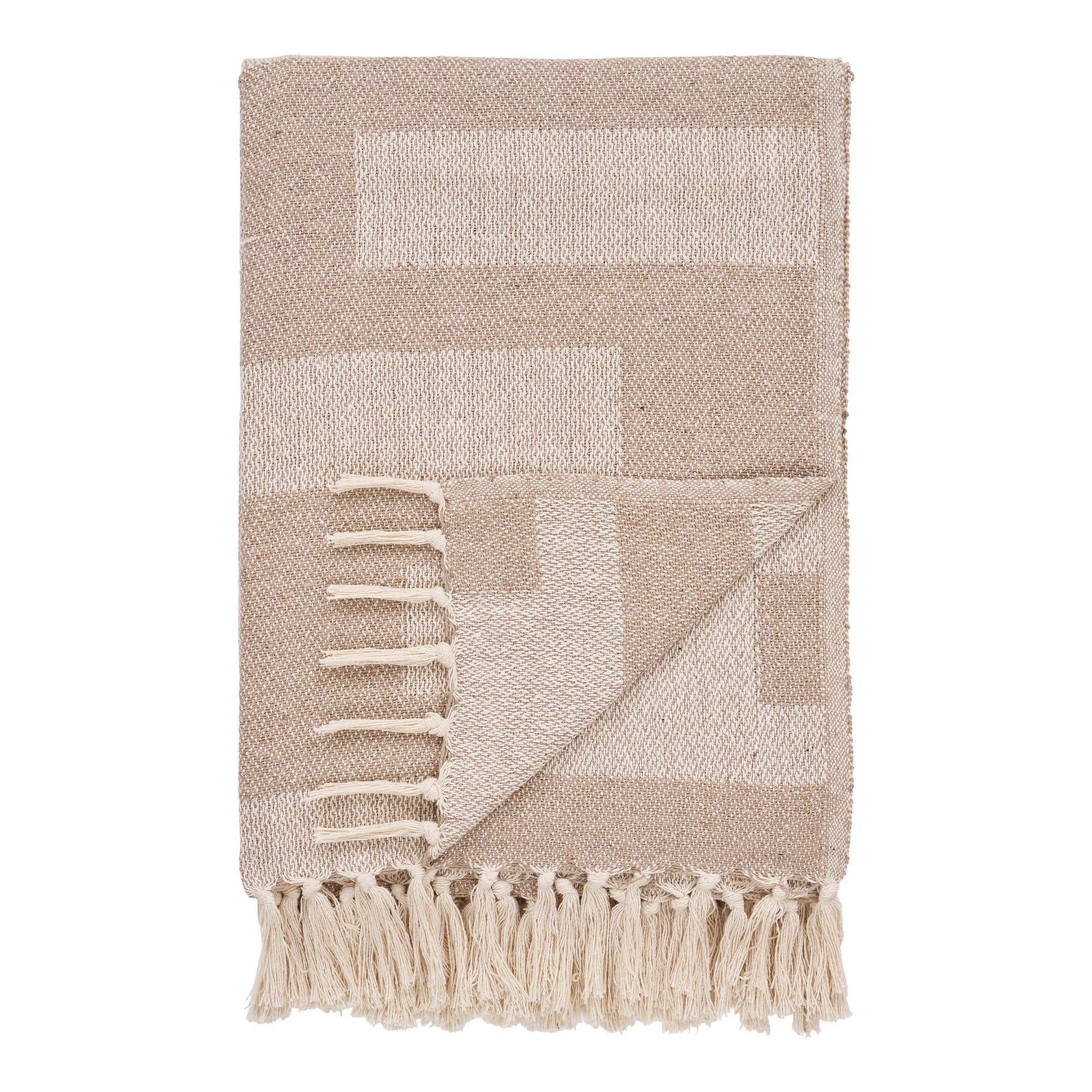 Couverture en coton taupe à carreaux 130x180 cm, tissée beige géométrique à franges
