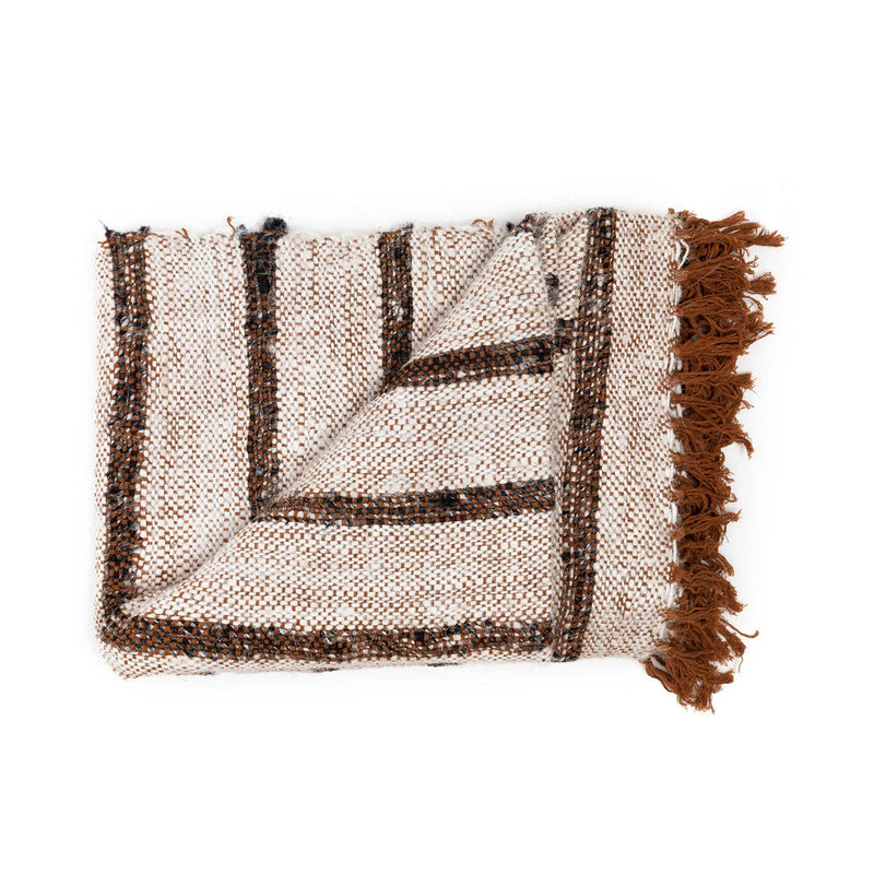 Plaid en coton tissé à franges rayé beige et marron