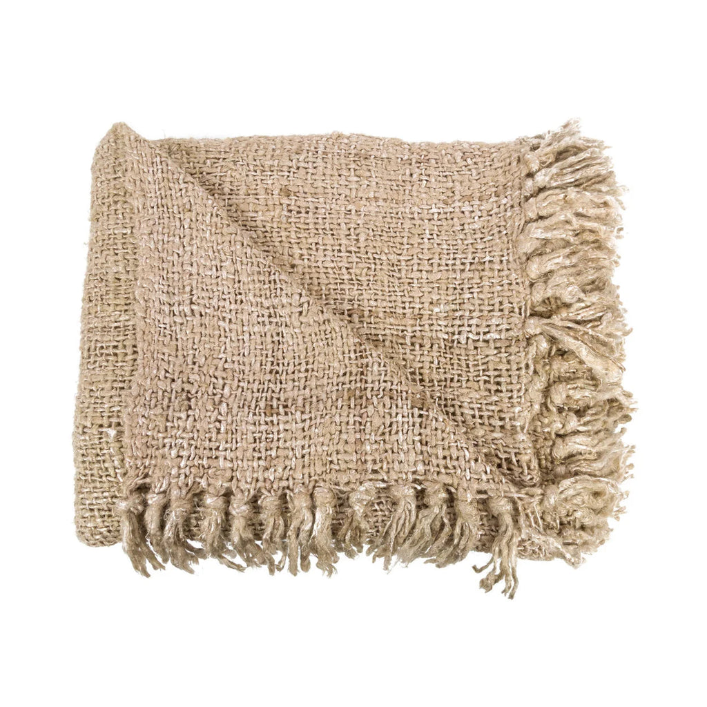 Plaid en coton beige tissé avec franges pour lit ou canapé 130x170 cm