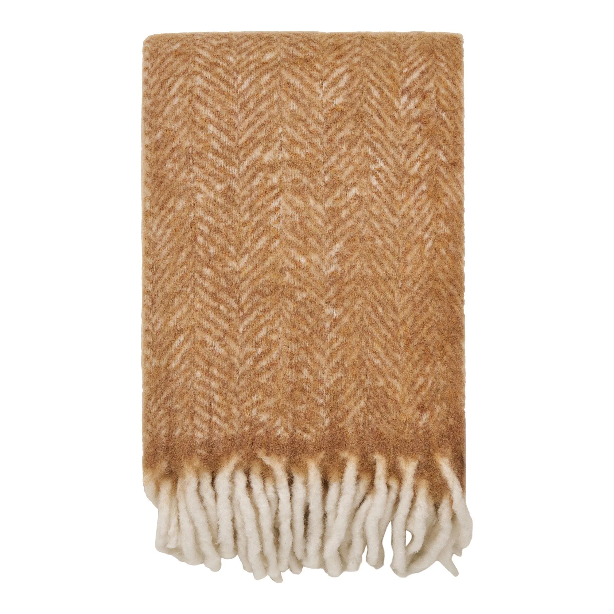 Couverture en laine camel chevron franges blanches 130x170 cm