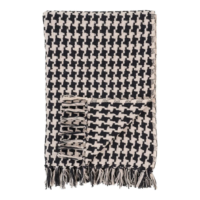 Plaid tissé pied-de-poule noir et beige à franges pour canapé