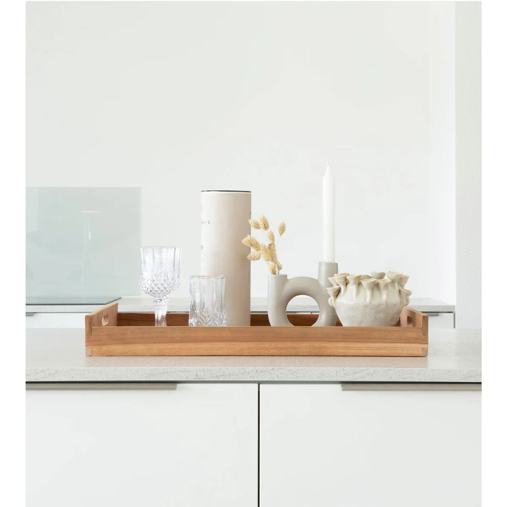 Plateau rectangulaire en teck naturel 58x38 cm avec poignées ajourées