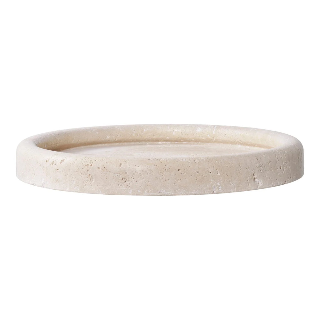Plateau rond en travertin beige texturé mat, bords arrondis