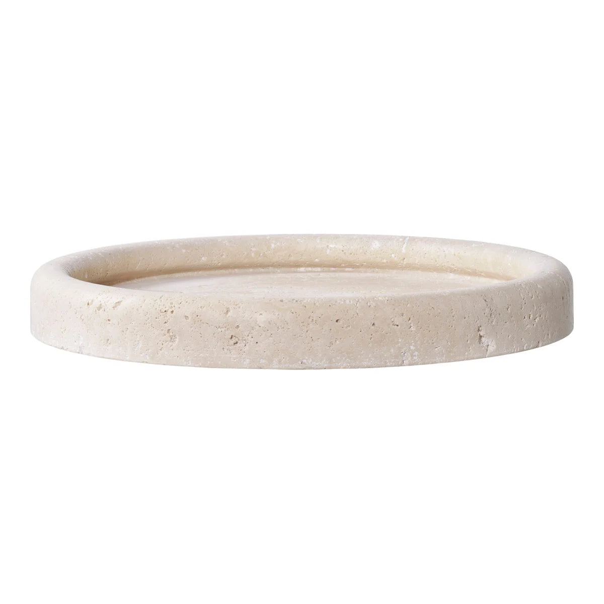 Plateau rond en travertin beige texturé mat, bords arrondis