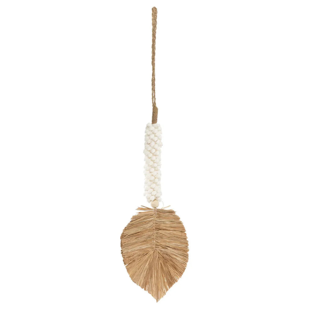 Pompon décoratif en raphia et coquillages – Blanc naturel