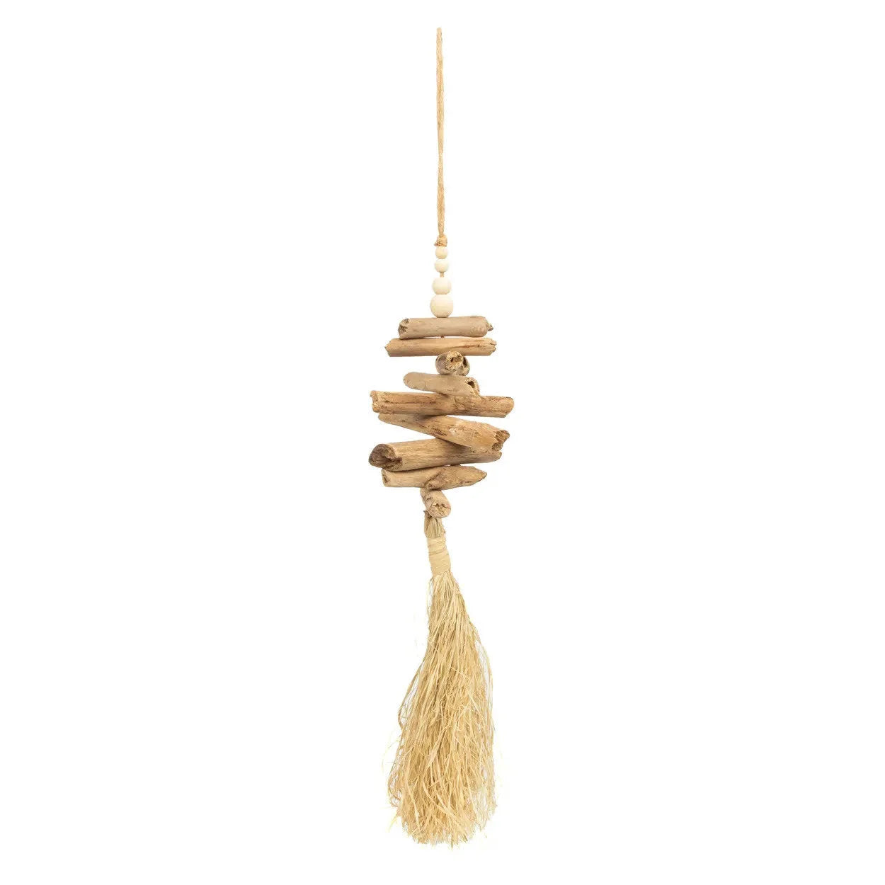 Ornement mural pompon en bois flotté et raphia naturel forme sapin