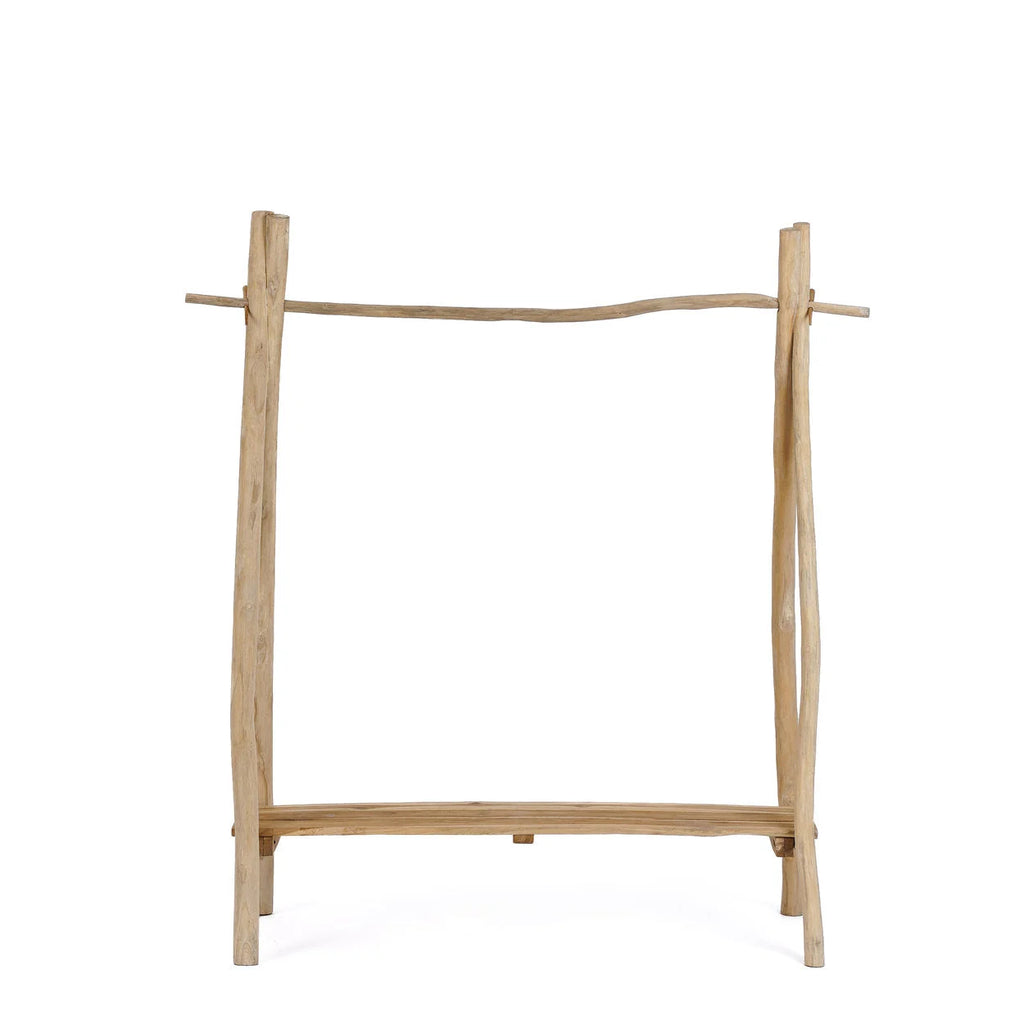 Portant à vêtements en teck naturel avec branches rustiques et étagère 120x50 cm