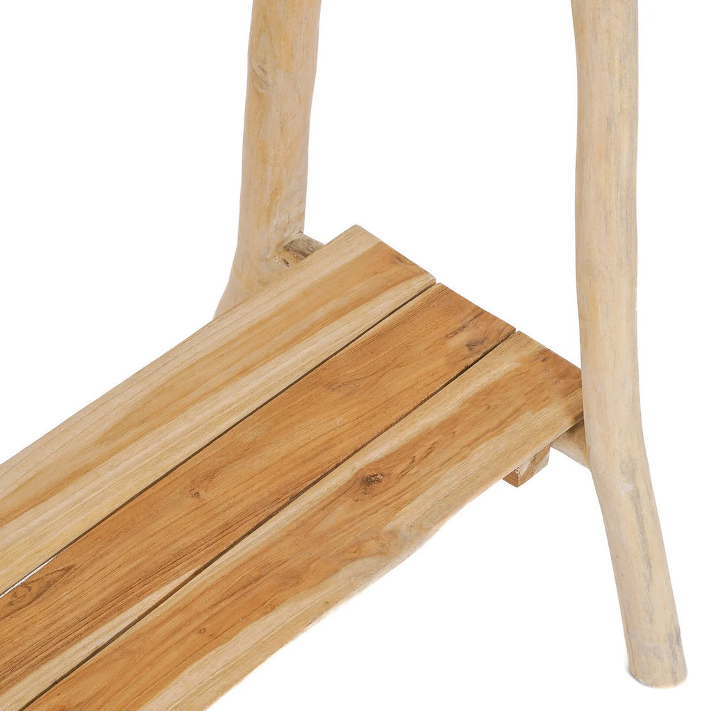 Portant à vêtements en teck naturel avec banc rustique, 120x50 cm