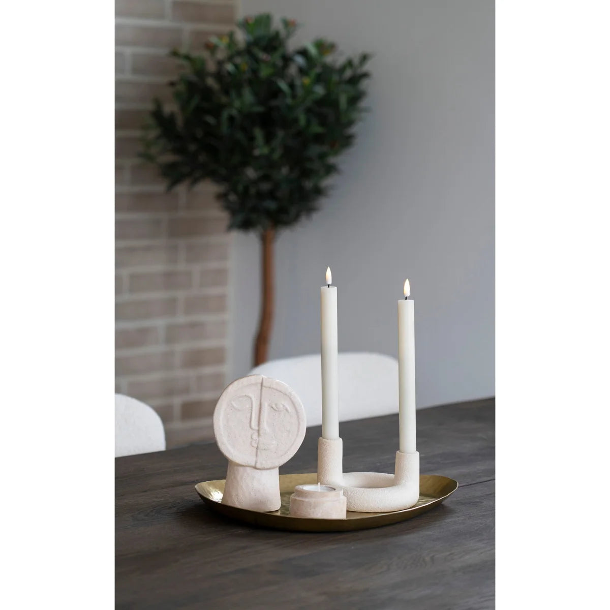 Porte-bougie céramique beige ronde ø13 cm avec visage minimaliste