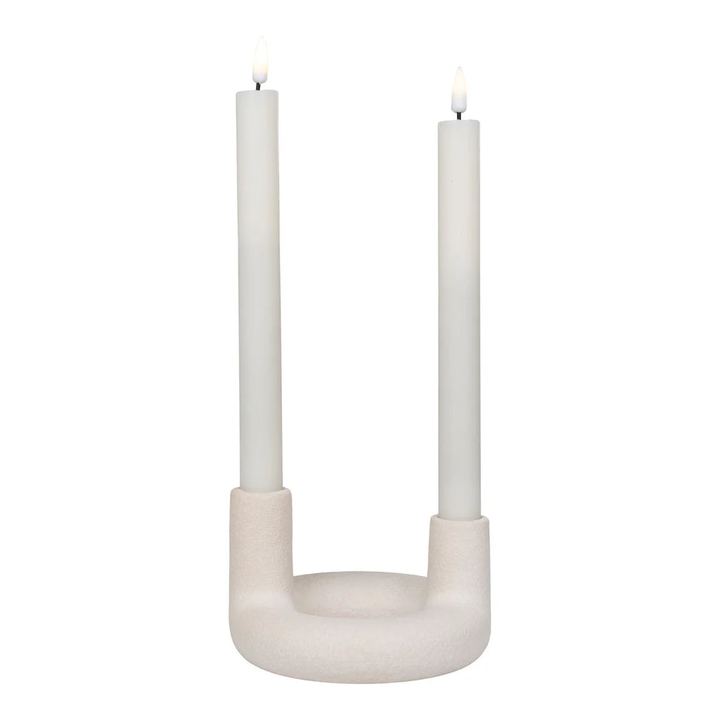 Porte-bougie en céramique beige minimaliste rond ø13 cm avec deux bougies blanches