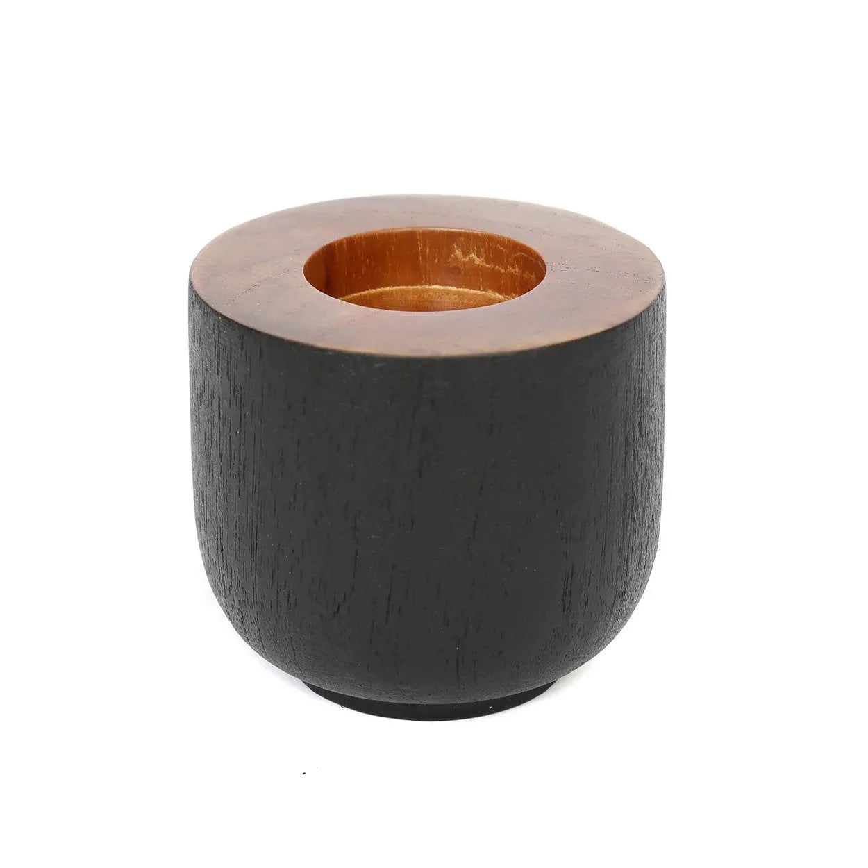 Bougeoir en teck noir avec top et intérieur en cuivre, design minimaliste