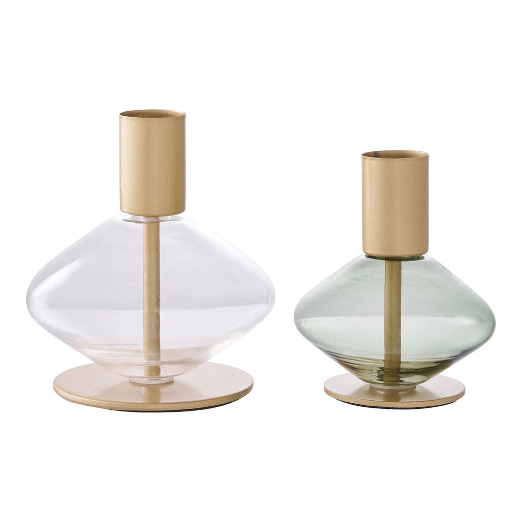 Lot de 2 porte-bougies en verre vert clair et sauge avec accents métal doré