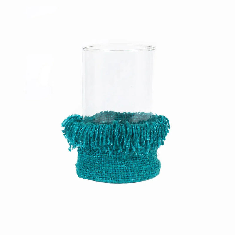 Porte-bougie en verre turquoise avec franges coton XXL