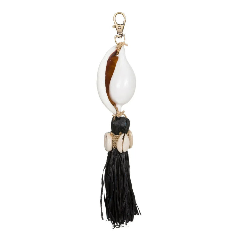 Porte-clés coquillage et pompon en raphia noir naturel