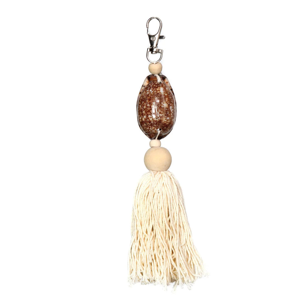 Porte-clés décoratif en bois et coton brun moucheté avec pompon écru