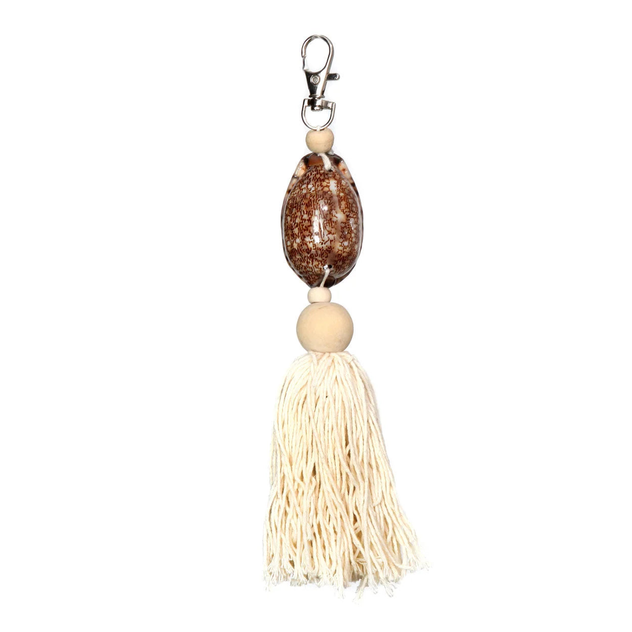 Porte-clés décoratif en bois et coton brun moucheté avec pompon écru