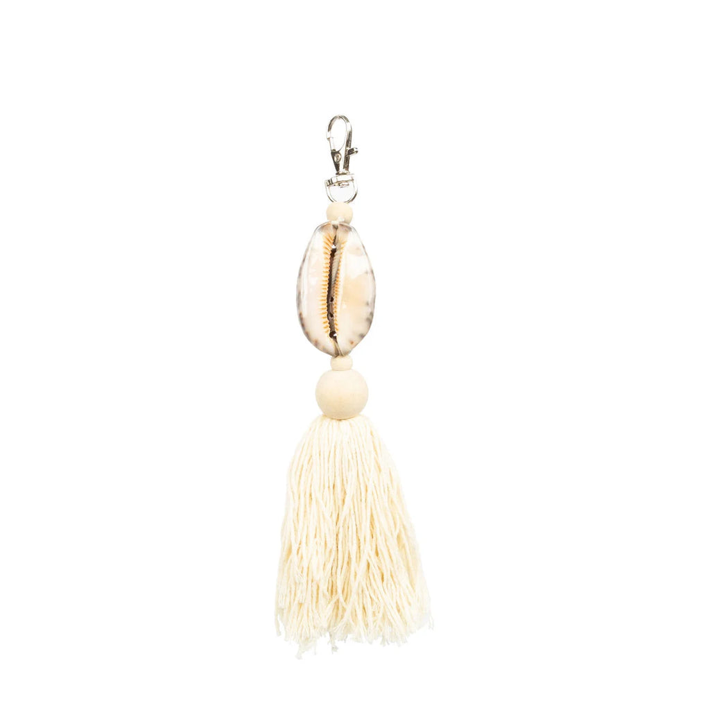 Porte-clés décoratif en bois et coton brun moucheté avec pompon écru