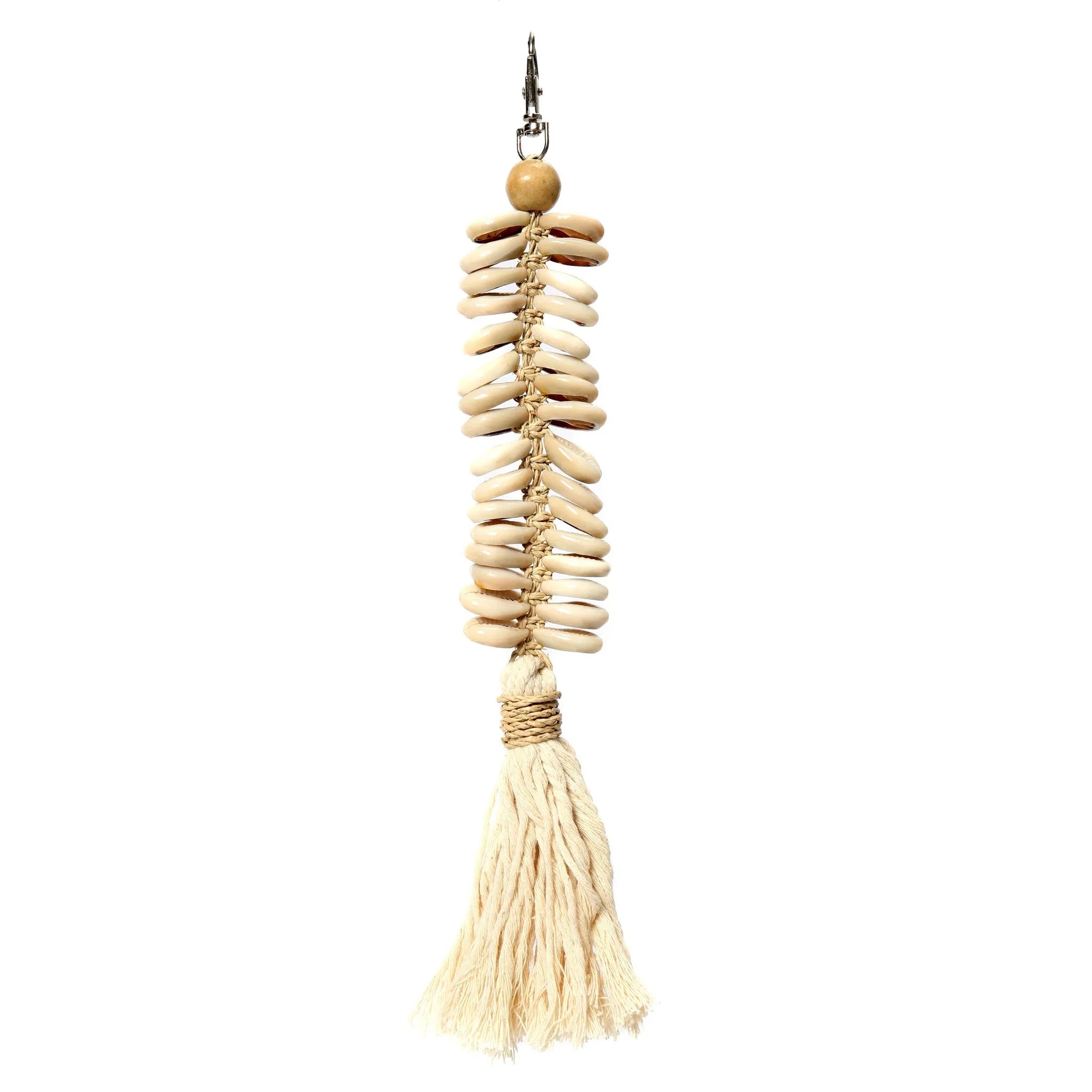 Porte-clés décoratif en macramé crème avec coquillages et pompon coton