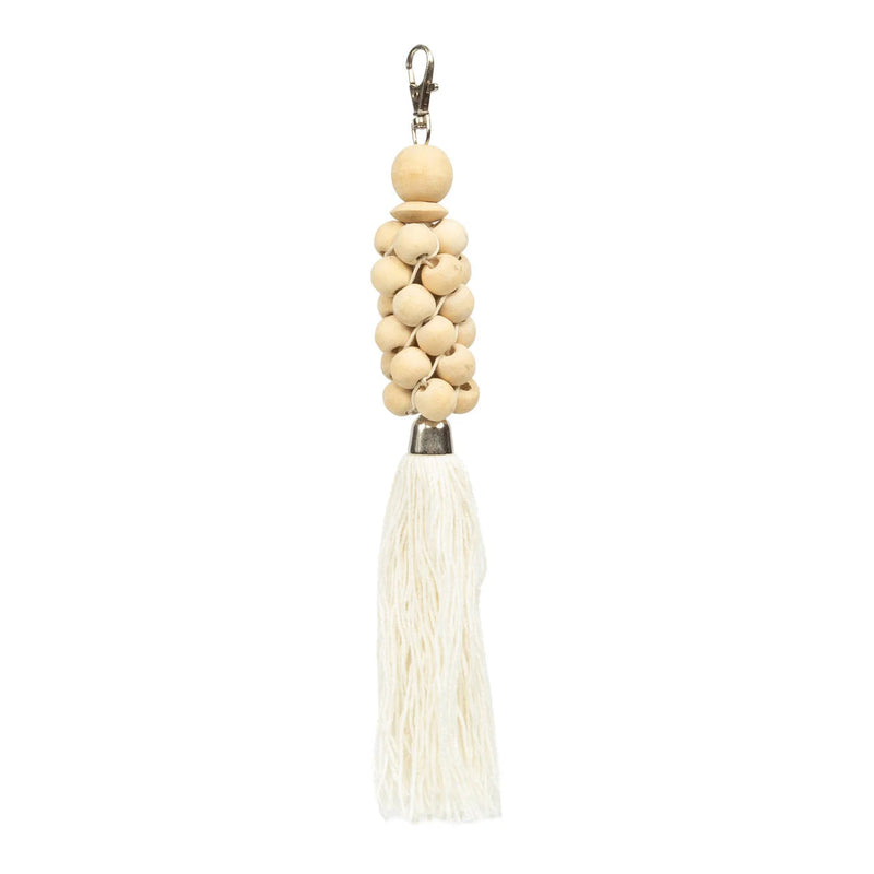 Porte-clés pompon écru perles bois naturel avec mousqueton
