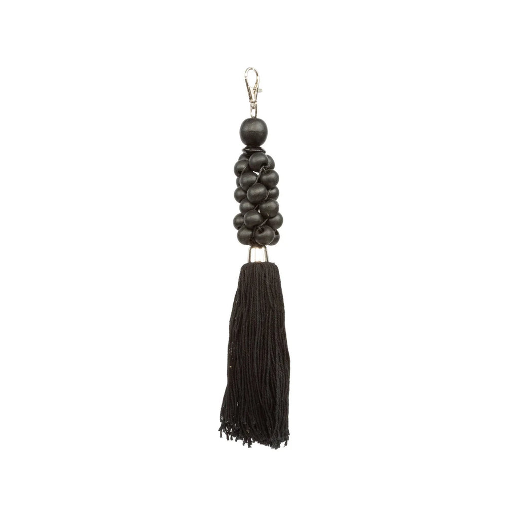 Porte-clés pompon en perles de bois noir avec fermoir argenté