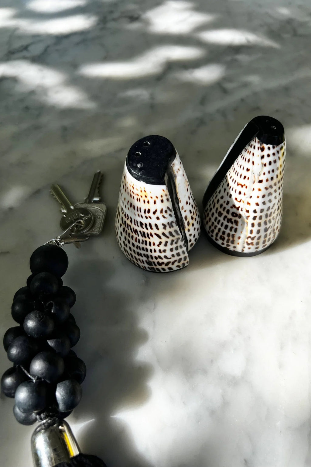 Paire de salières et poivrières en coquillages coniques élégants à motif tacheté noir et blanc