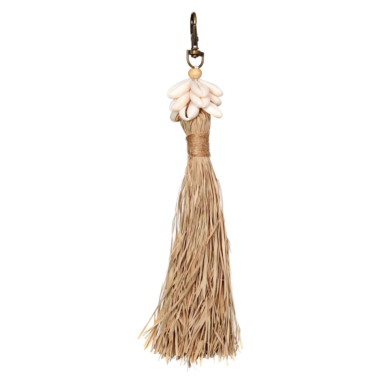Porte-clés pompon raphia naturel, coquillages blancs, clip métal