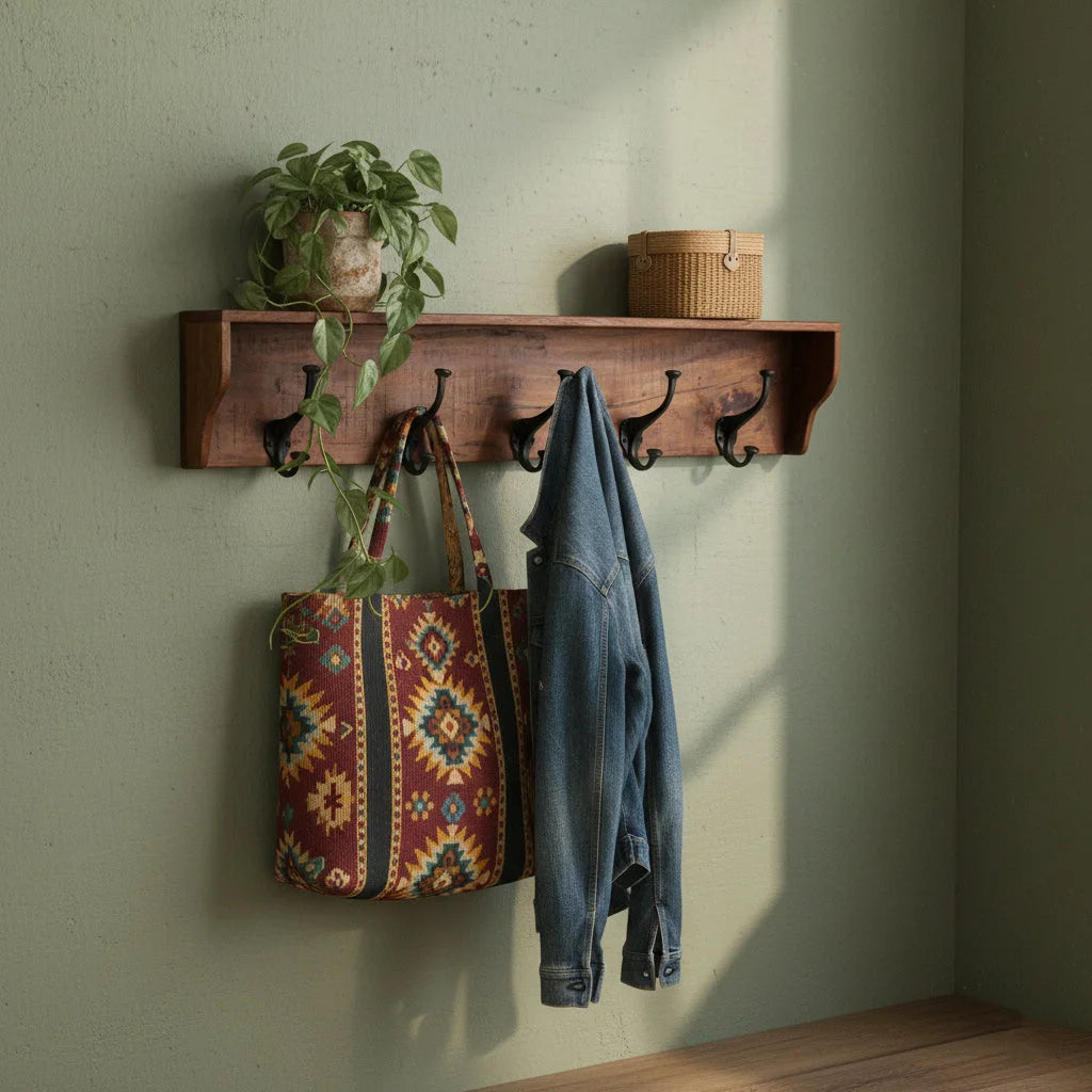 Porte-manteau mural bois recyclé rustique 80x10 cm avec 5 crochets