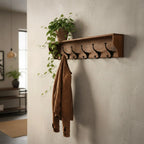 Porte-manteau mural bois recyclé rustique 80x10 cm avec 5 crochets et plante