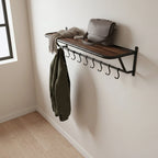 Porte-manteau mural en métal noir avec plateau bois recyclé 84x25 cm