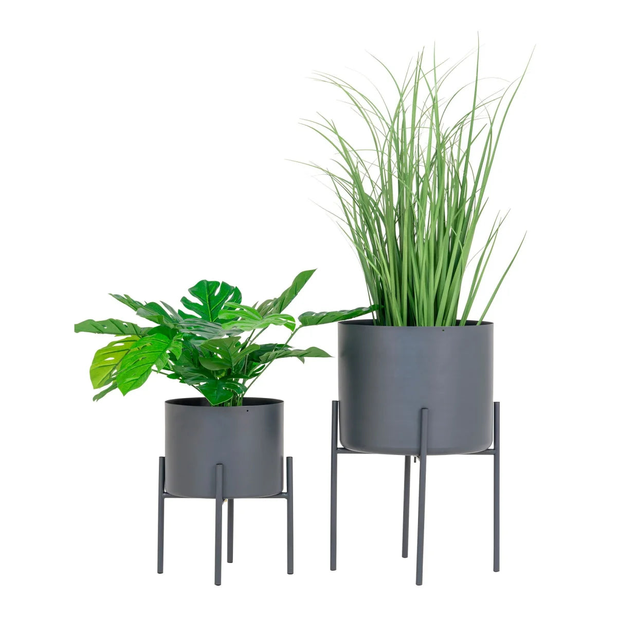 Pots de fleurs gris en acier mat cylindriques sur supports minimalistes, lot de 2, diamètre 21 cm