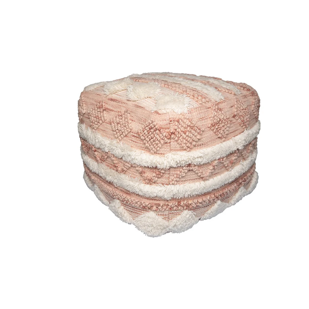 Pouf carré tissé rose et crème à franges en laine, 50x50 cm, textured knit