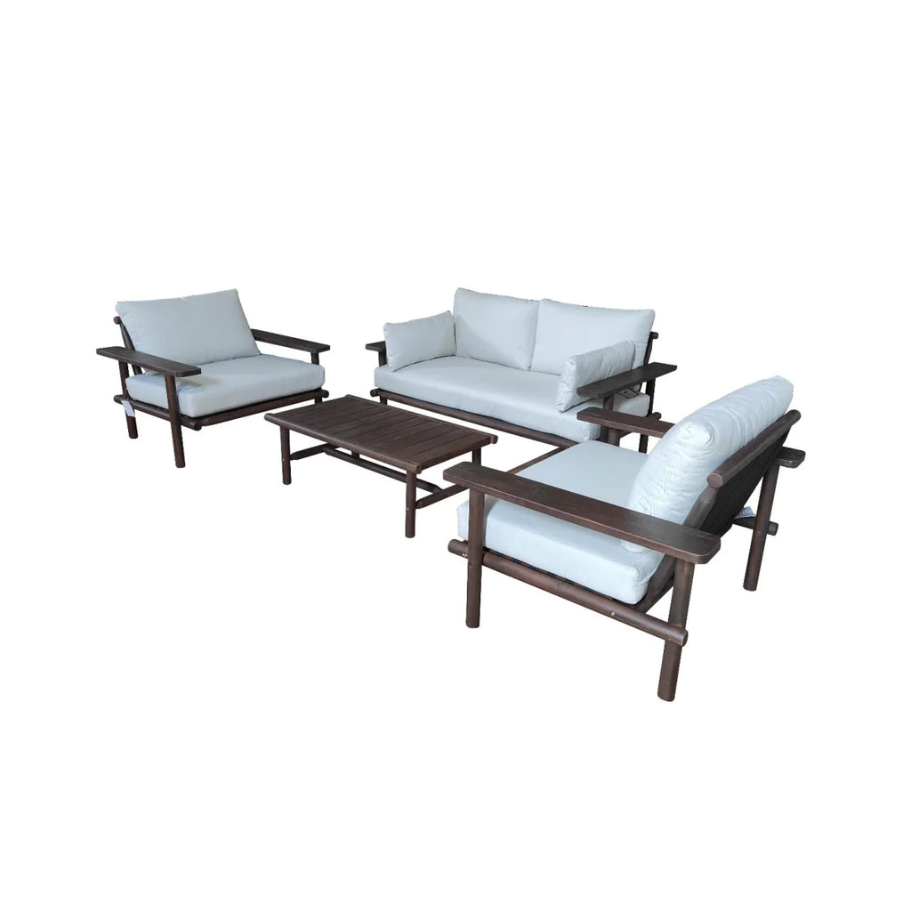 Salon de jardin en acacia massif bois foncé avec coussins écru, set de 4