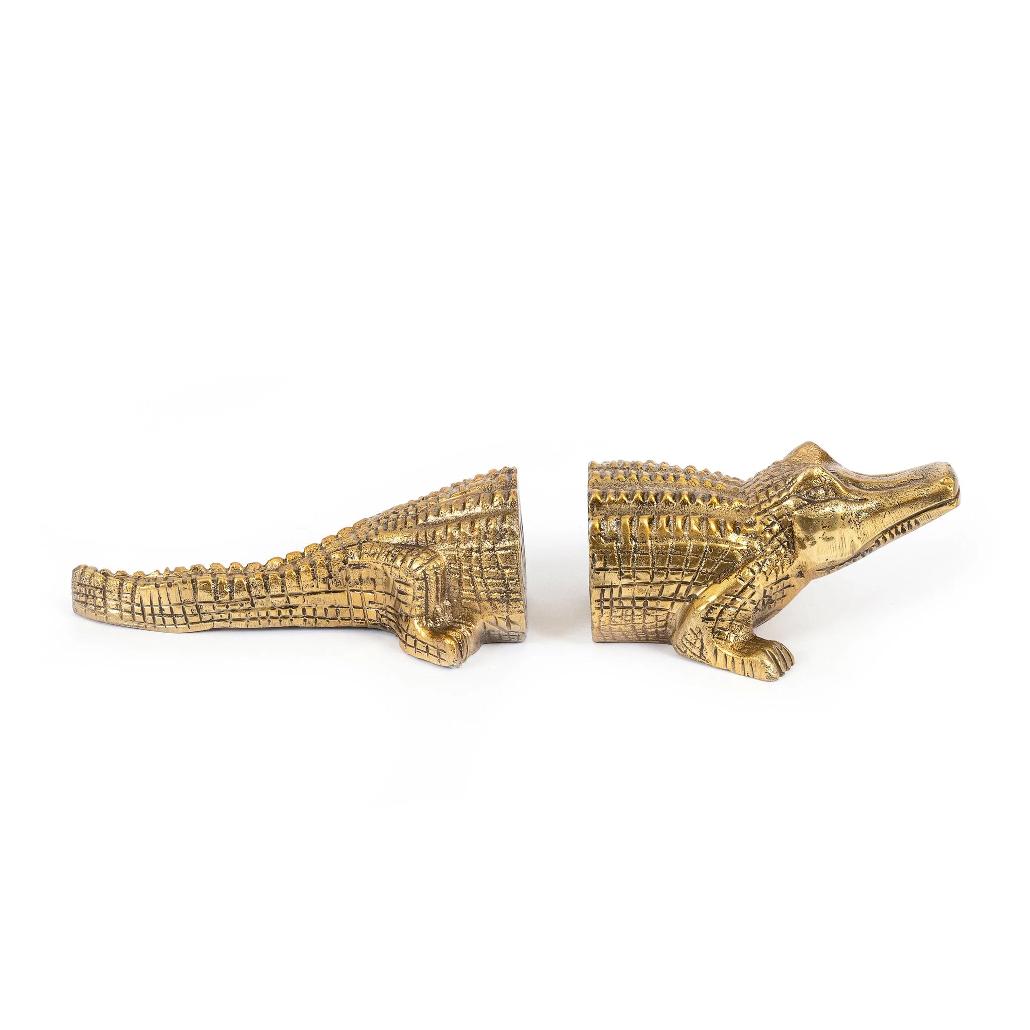 Serre-livres crocodile laiton vieilli doré, écailles détaillées, bouches ouvertes