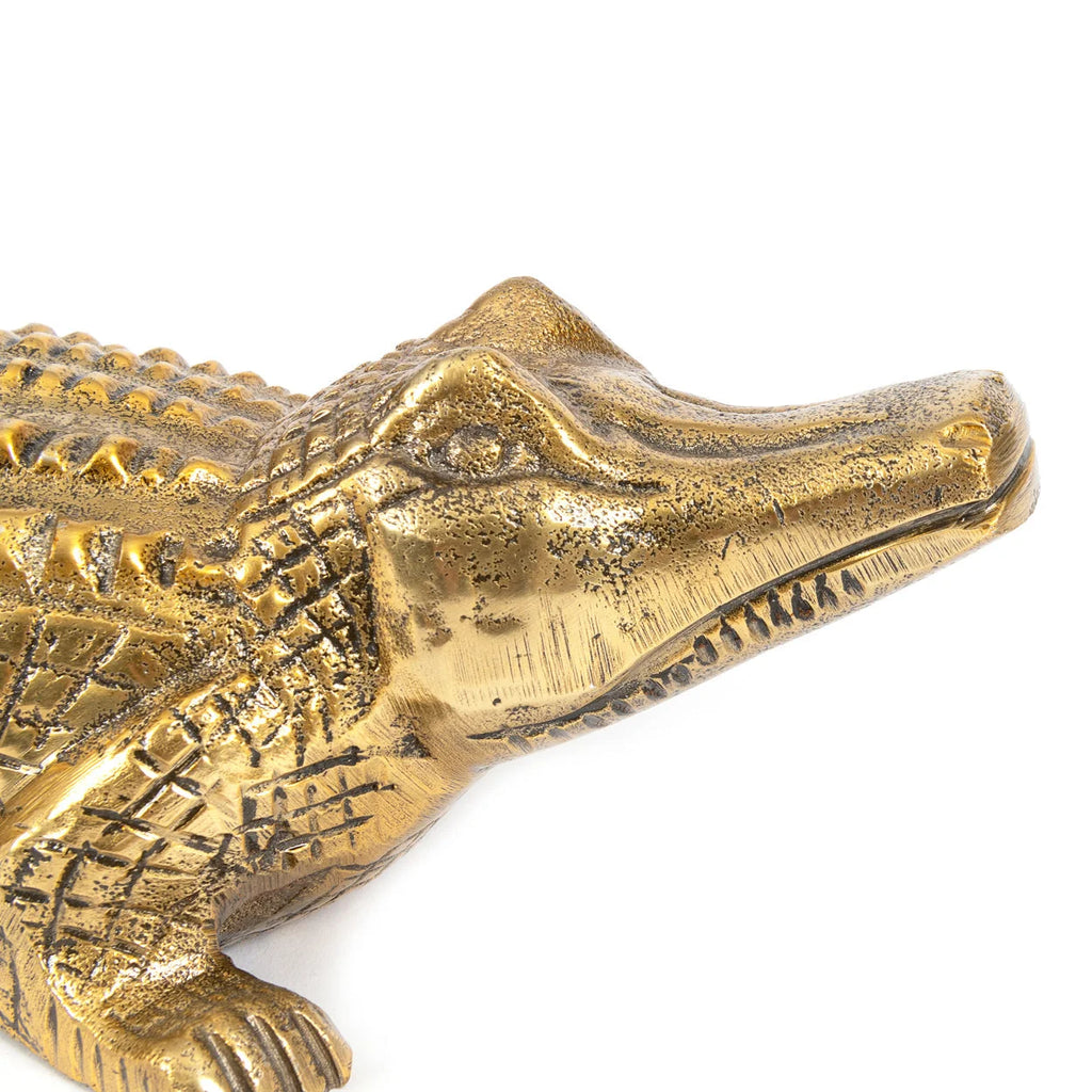 Serre-livres crocodile en laiton vieilli doré à écailles texturées
