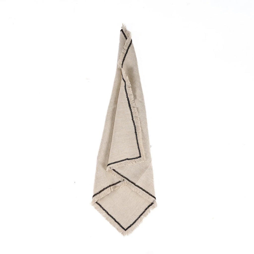 Serviette de table en lin naturel beige et noir rayé, bordure contrastante effilochée