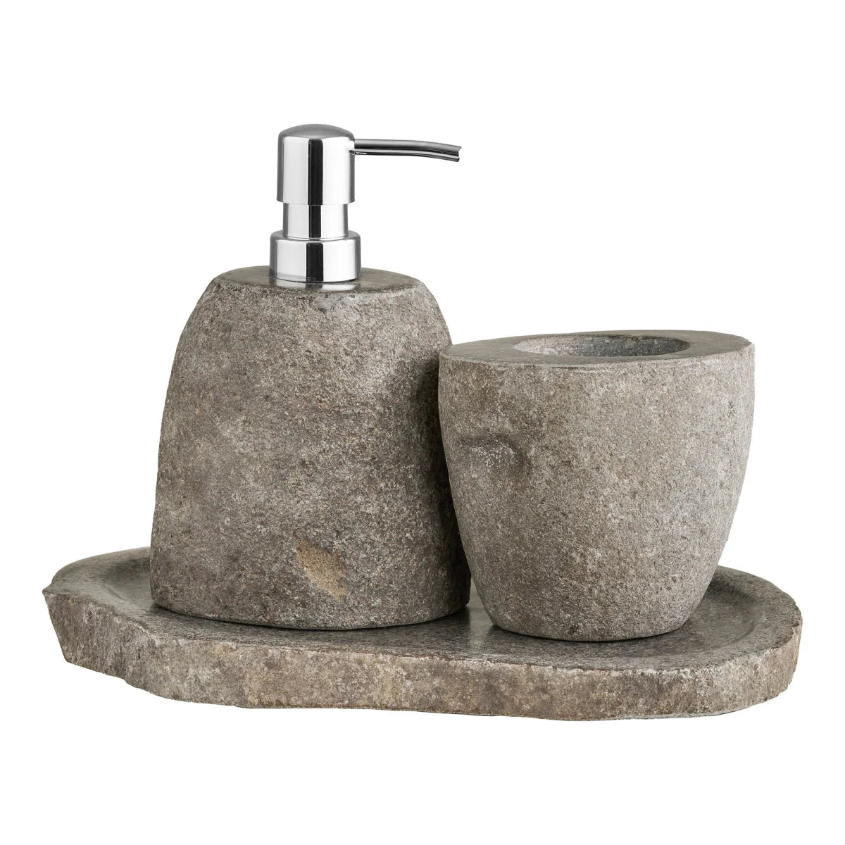 Set salle de bain en pierre naturelle galet zen, distributeur savon et porte-brosse à dents