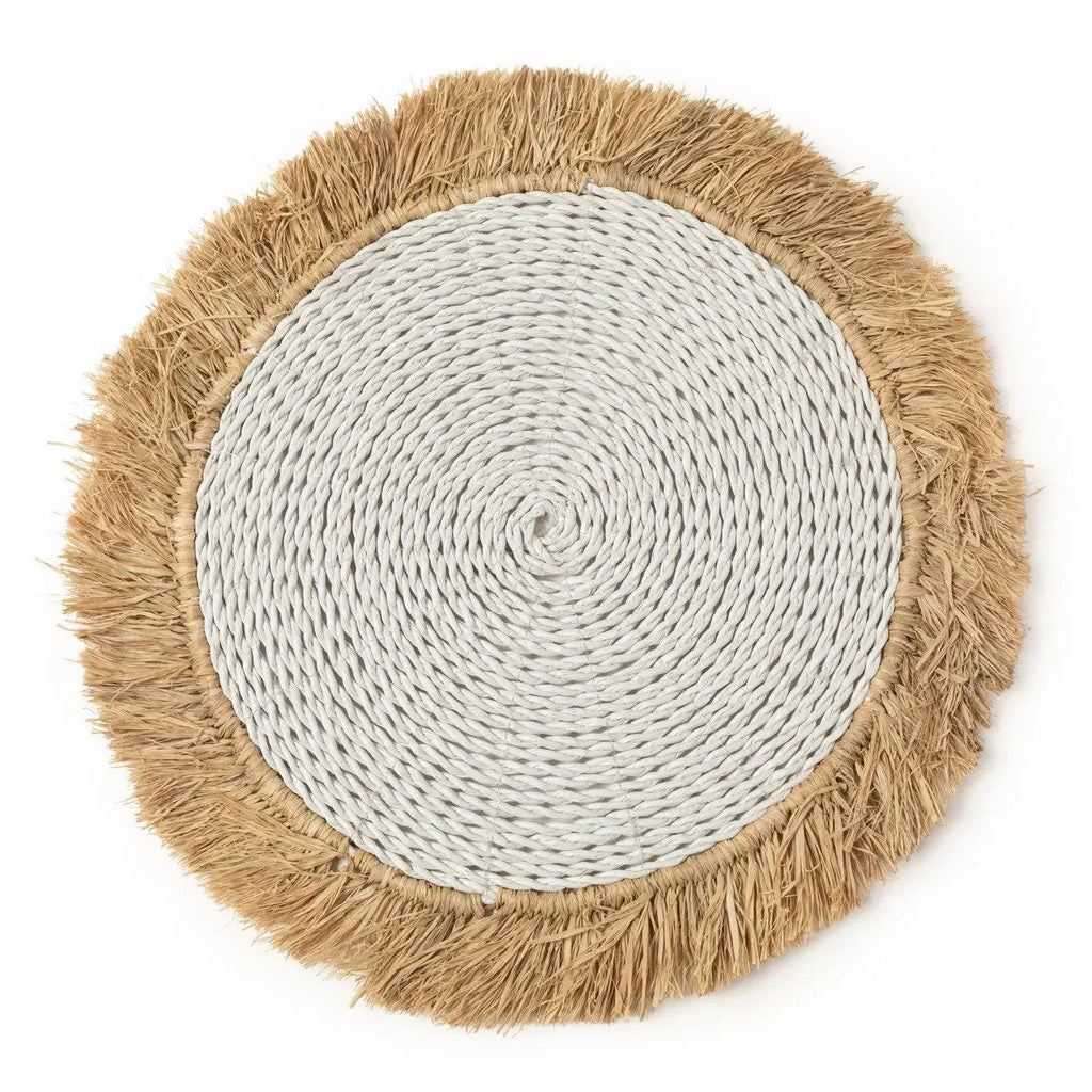 Set de table rond en raphia et herbe marine blanc naturel avec franges en jute 45 cm