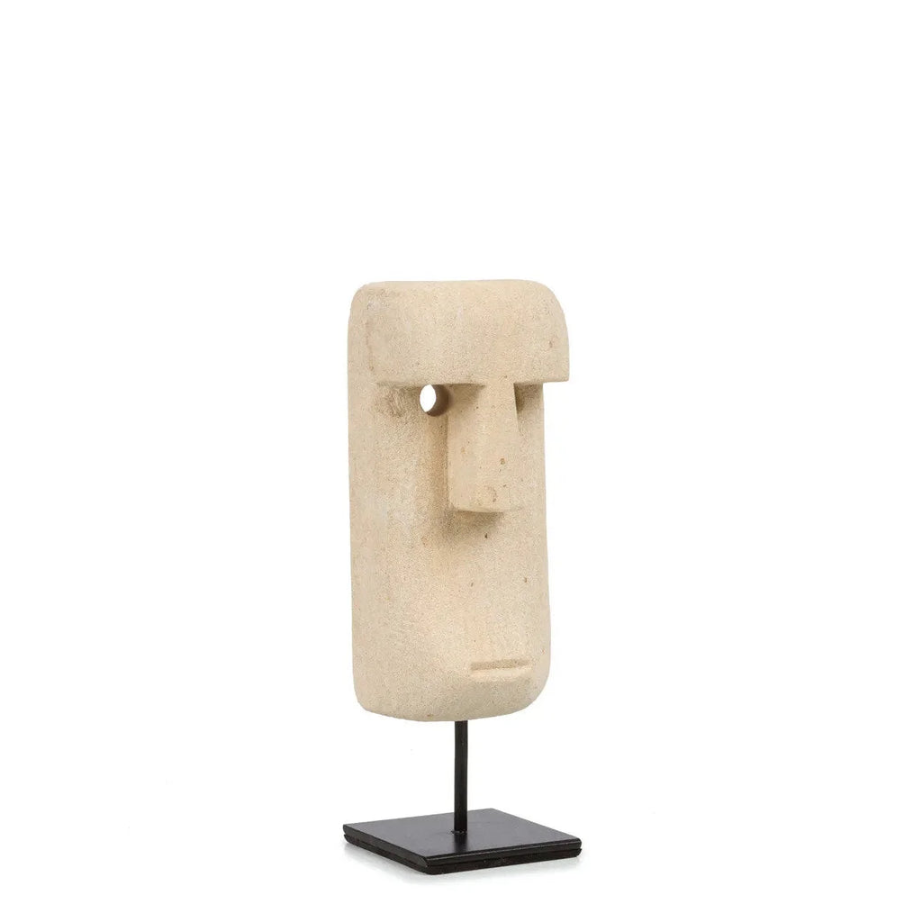 Sculpture visage en grès beige sur socle en bois, sculpture artisanale à la main