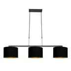 Suspension 3 abat-jour tissu noir intérieur doré, luminaire linéaire 140x30 cm