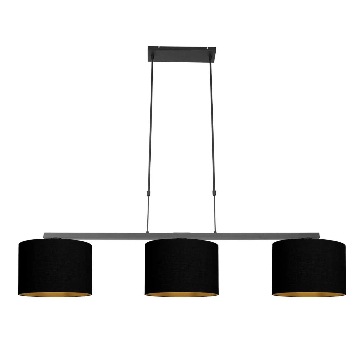 Suspension trois abat-jour tissu noir intérieur doré, luminaire linéaire élégant