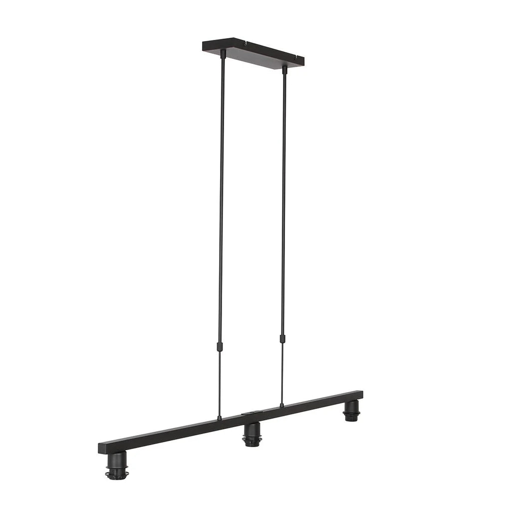 Suspension 3 abat-jour tissu noir intérieur doré, luminaire noir métal 140x30 cm