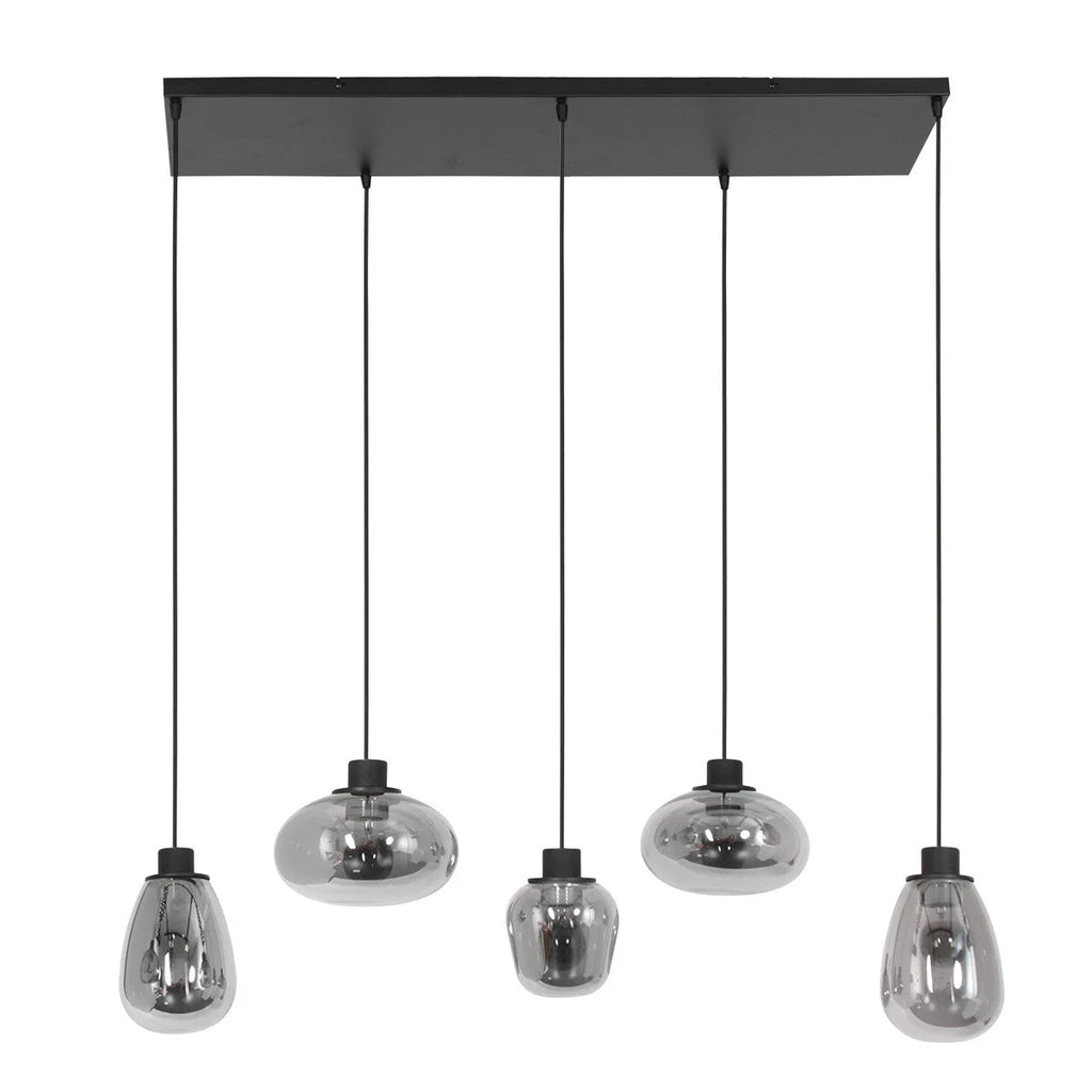 Suspension 5 lumières en verre fumé et acier noir, dimensions 100x30 cm