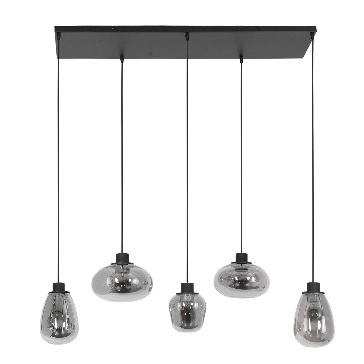 Suspension 5 lumières en verre fumé et acier noir, dimensions 100x30 cm