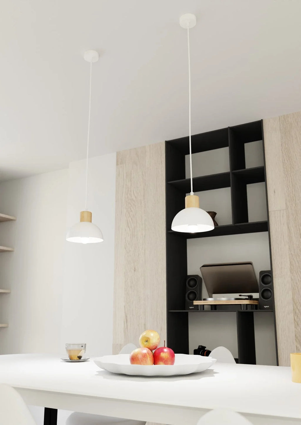 Suspension blanche métal et bois clair dôme scandinave Ø18 cm