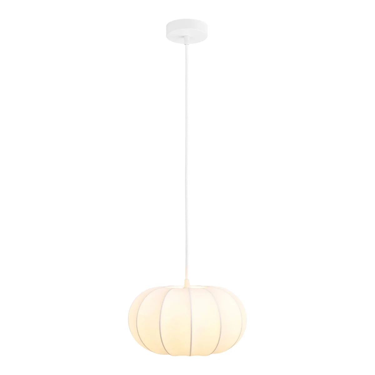 Suspension blanche en textile côtelé forme lanterne Ø28 cm à lueur douce